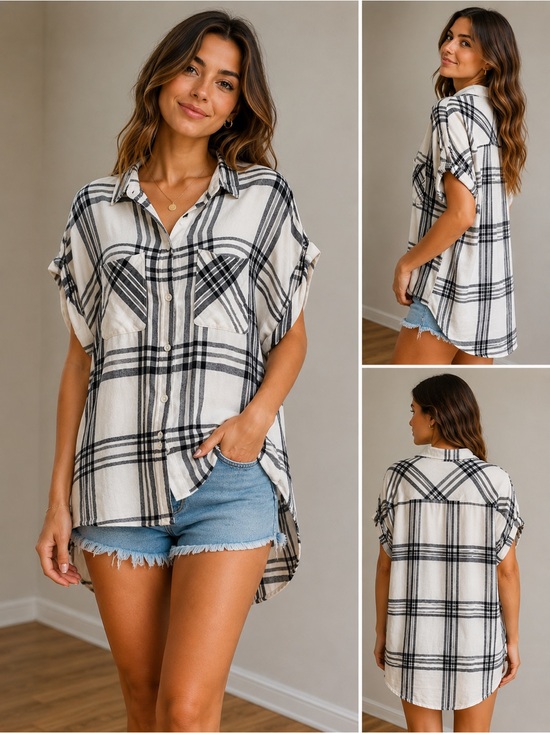 BLL New York Tops - Women’s Sleeveless White/Gray Plaid Flannel Blouse/Top/Button Down Size M